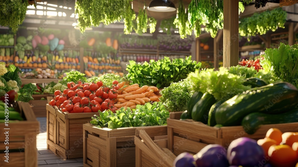 Vibrant fresh produce beautifully arranged in wooden crates at a bustling farmers market, showcasing seasonal delights. Vibrant fresh produce beautifully arranged in wooden crates at a bustling farmers market, showcasing seasonal delights.