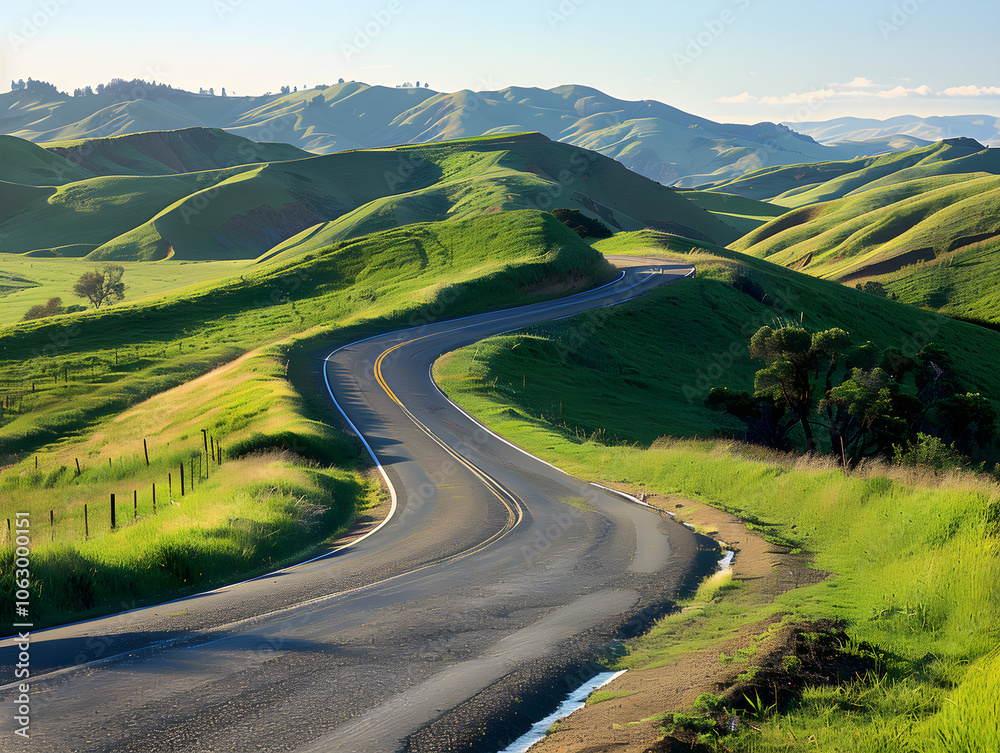 Serene country road curves through lush green hills under a clear blue sky in summer. Serene country road curves through lush green hills under a clear blue sky in summer.