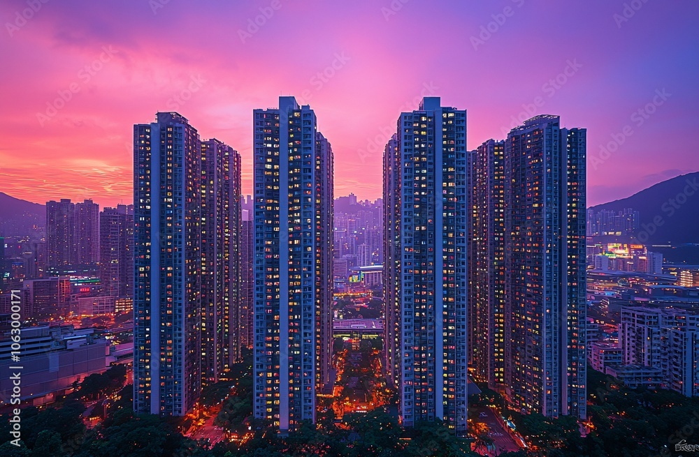 Obraz premium Hong Kong Skyline Twilight Cityscape Urban Buildings Nighttime Purple Sky