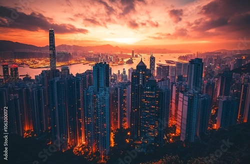 Hong Kong Skyline Sunset Cityscape   Urban Architecture   Buildings at Dusk photo