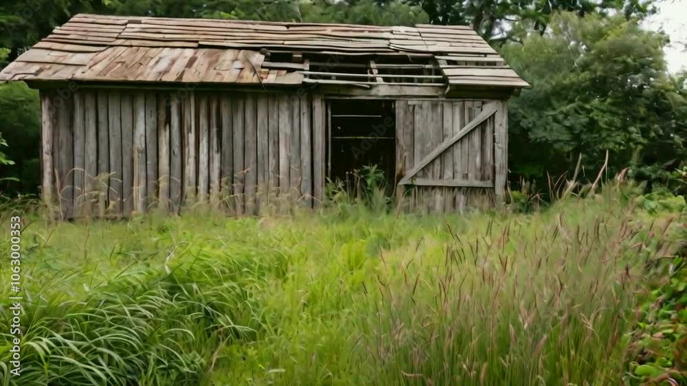 An abandoned wooden barn with a damaged roof, surrounded by tall grass. An abandoned wooden barn with a damaged roof, surrounded by tall grass.