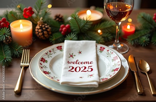 Elegant holiday dinner table set for New Year celebration with decorations and candlelight photo