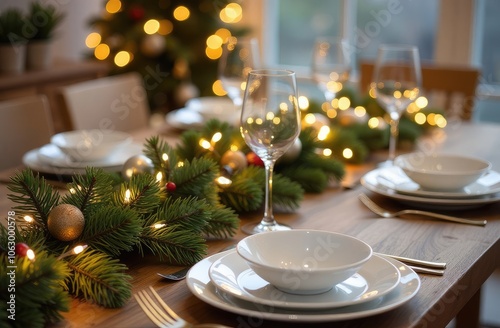 Festive holiday dining table set with elegant tableware and sparkling lights in cozy setting