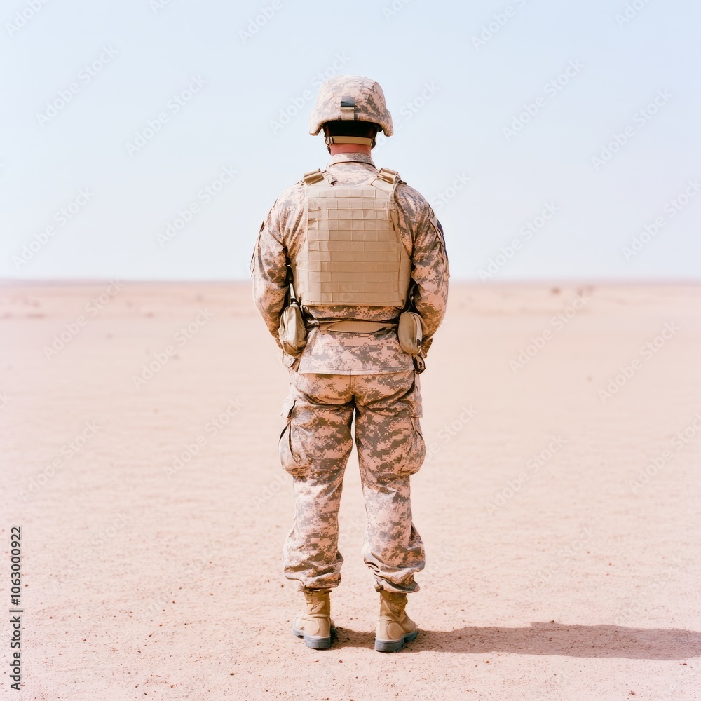 A soldier stands alone in a vast desert landscape, symbolizing solitude and duty. A soldier stands alone in a vast desert landscape, symbolizing solitude and duty.