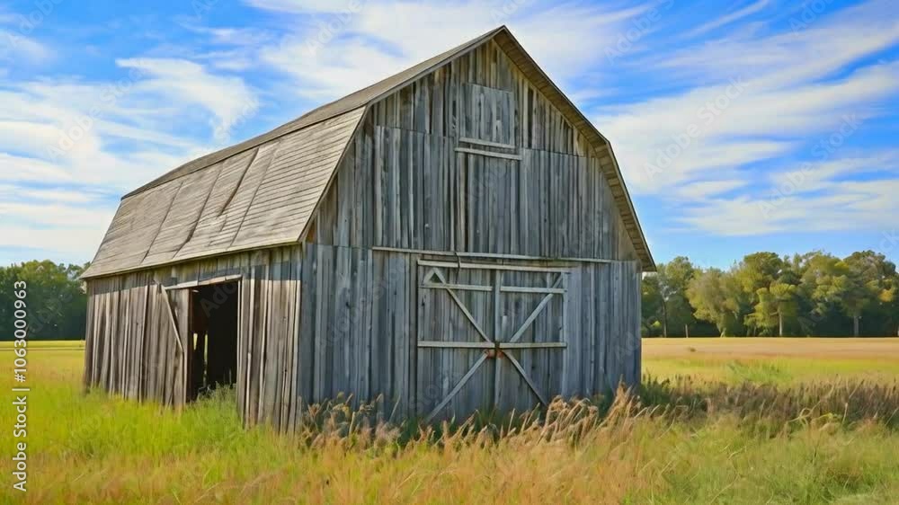 A rustic wooden barn surrounded by tall grass under a blue sky. A rustic wooden barn surrounded by tall grass under a blue sky.