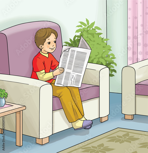 The boy sitting on the sofa is reading a newspaper.