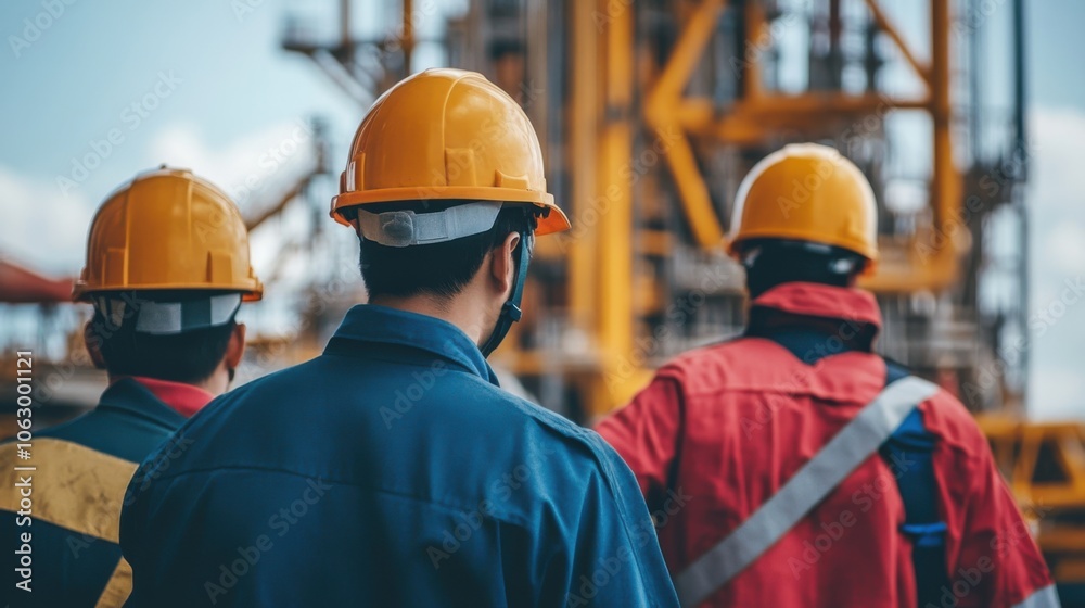 Workers in hard hats and safety gear collaborating
