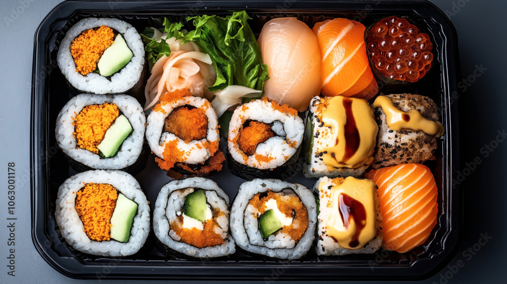 Assorted sushi platter with various nigiri and rolls in a black container, featuring salmon, cucumber, and roe garnishes with pickled ginger and wasabi side accents. Assorted sushi platter with various nigiri and rolls in a black container, featuring salmon, cucumber, and roe garnishes with pickled ginger and wasabi side accents.