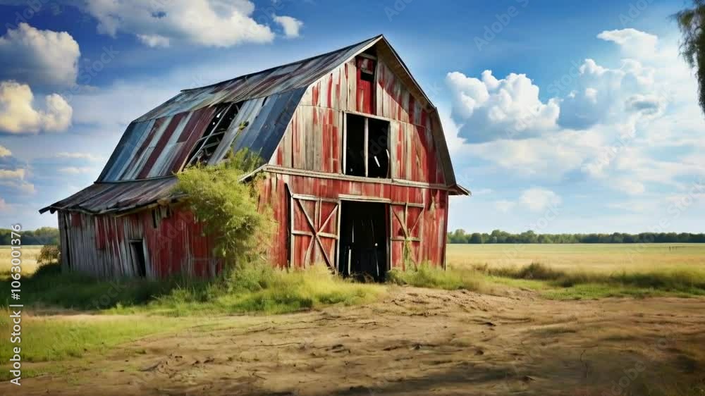 A rustic red barn with a metal roof set in a grassy field under a blue sky with clouds.