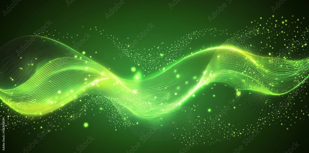 Abstract green background with curved lines and dots