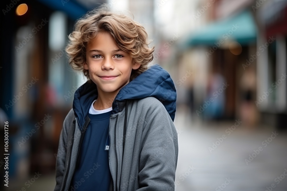 Portrait of a cute young boy standing in the street and smiling Portrait of a cute young boy standing in the street and smiling