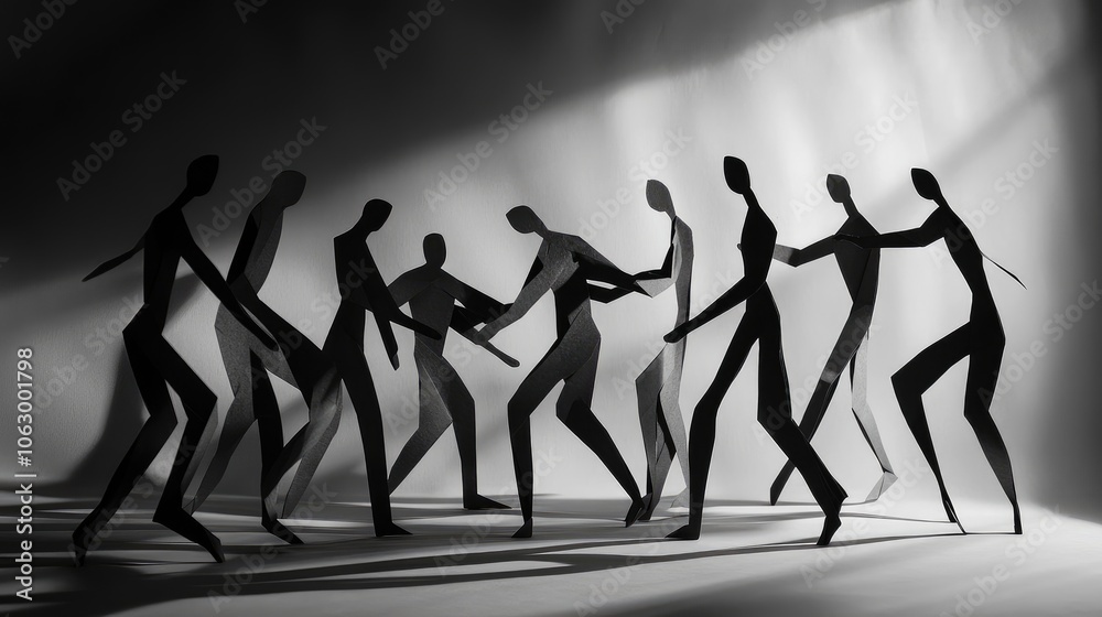 Group of linked paper people arranged in a dynamic conversation pose, shadows adding drama and unity