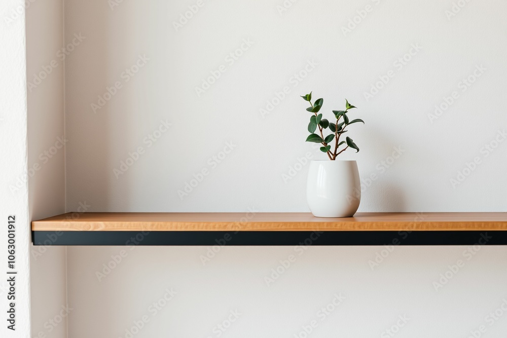 Minimalist wooden shelf with potted plant against textured wall.generative AI
Minimalist wooden shelf with potted plant against textured wall.generative AI