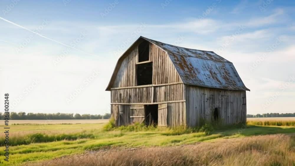A rustic barn stands in a serene landscape under a clear blue sky, surrounded by fields. A rustic barn stands in a serene landscape under a clear blue sky, surrounded by fields.