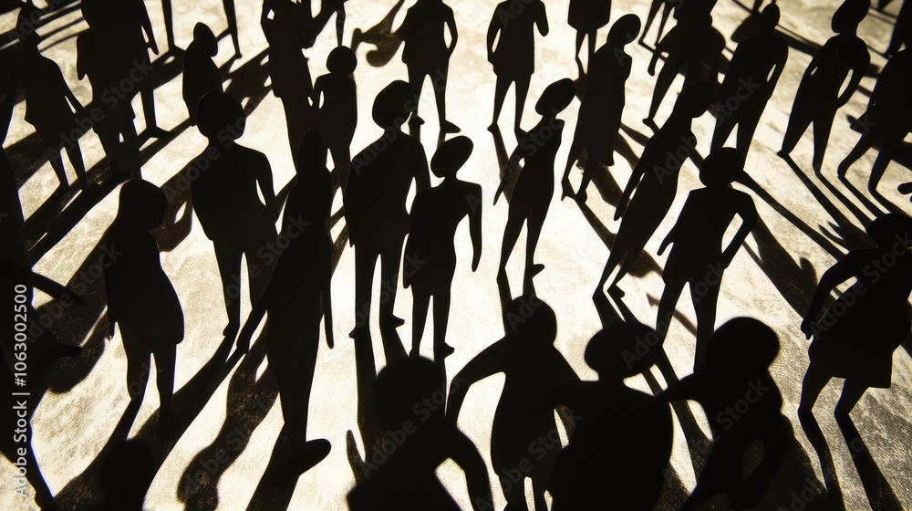 Paper cutout figures standing in a close circle, leaning forward, shadows forming a pattern of togetherness Paper cutout figures standing in a close circle, leaning forward, shadows forming a pattern of togetherness