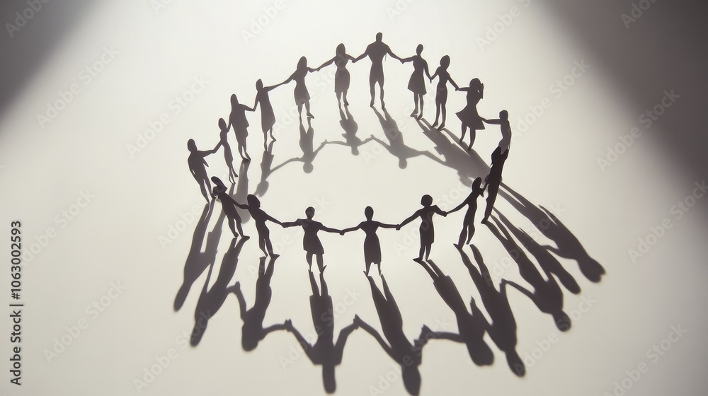 Obraz premium Paper cutout people standing in a circle, arms linked and shadows merging on the white background
