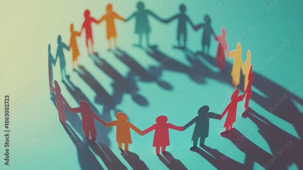 Paper figures holding hands and forming a circle, each cutout a different color, expressing harmony and diversity Paper figures holding hands and forming a circle, each cutout a different color, expressing harmony and diversity