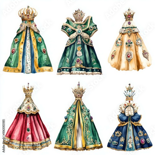 Portraits and clothes of an English queen in watercolor style on a white background, traditional clothing