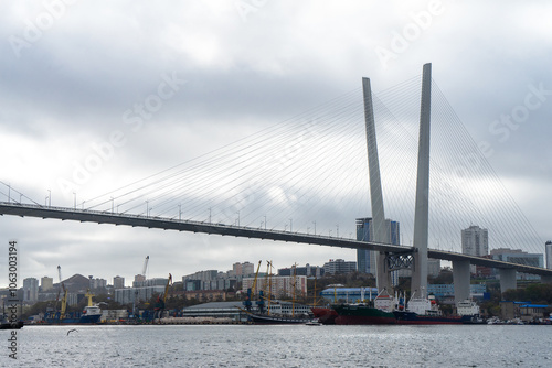 Zolotoy Bridge or Golden Bridge is cable-stayed bridge across the Zolotoy Rog or Golden Horn Bay in Vladivostok, Russia photo