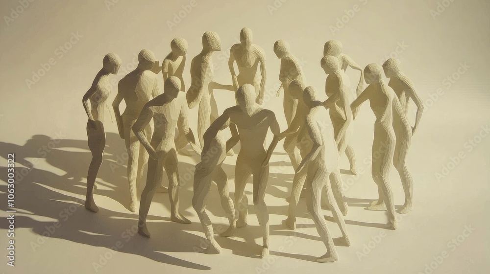 Paper people in a standing circle, leaning forward as if listening intently, shadows cast on a white background Paper people in a standing circle, leaning forward as if listening intently, shadows cast on a white background