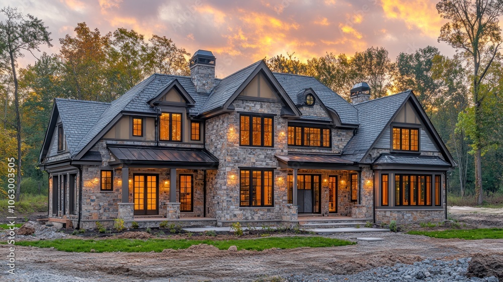 A large, luxurious home with stone exterior and a dramatic sunset sky. A large, luxurious home with stone exterior and a dramatic sunset sky.