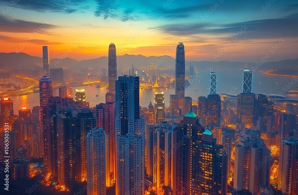 Fototapeta premium Hong Kong Skyline at Dusk with Vibrant Colors and City Lights