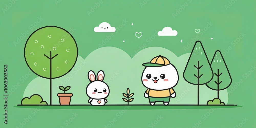 Obraz premium minimalist cute cartoon solid green background