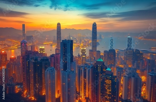 Hong Kong Skyline at Dusk with Vibrant Colors and City Lights