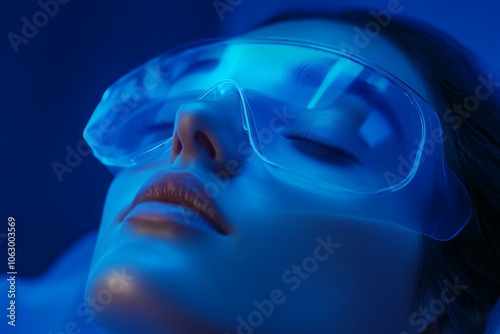 Close-up sleeping woman combines her dreams with reality with high-tech glasses on her eyes. Artificial intelligence, future technologies photo