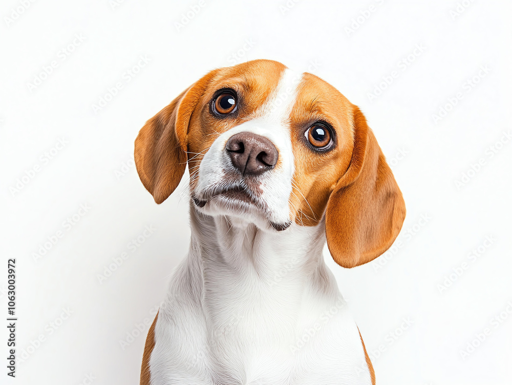 Beagle dog with expressive eyes and curious head tilt on white background, showcasing its playful and friendly nature Beagle dog with expressive eyes and curious head tilt on white background, showcasing its playful and friendly nature