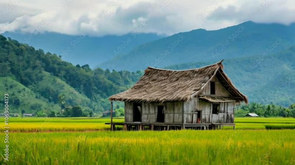 A rustic wooden house in a lush green landscape with mountains in the background. A rustic wooden house in a lush green landscape with mountains in the background.