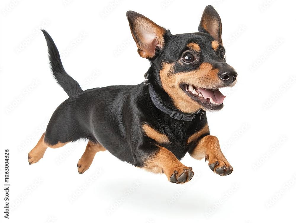 Happy German Hunting Terrier dog jumping in mid air on white background, showcasing its playful nature and energetic spirit Happy German Hunting Terrier dog jumping in mid air on white background, showcasing its playful nature and energetic spirit
