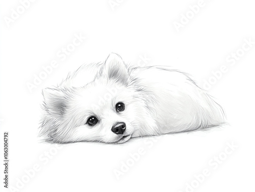 fluffy white dog resting peacefully on white background, showcasing its adorable features and gentle expression. This charming pet exudes warmth and tranquility
