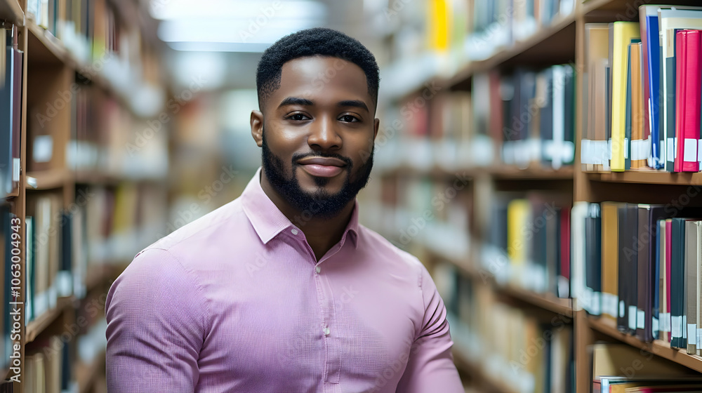 Young Man Standing in a Library with Bookshelves in the Background - Photo Young Man Standing in a Library with Bookshelves in the Background - Photo