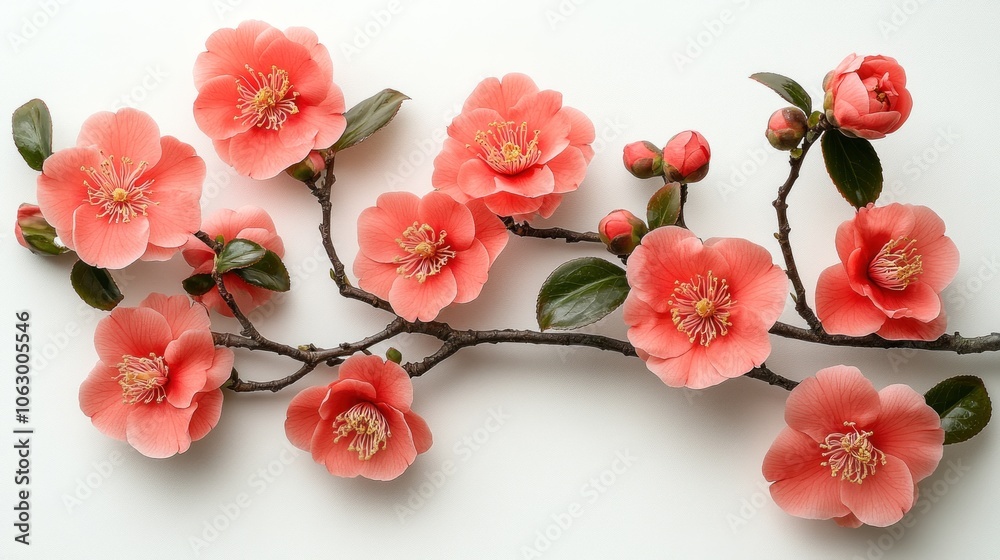 Obraz premium A branch adorned with coral flowers and green leaves.