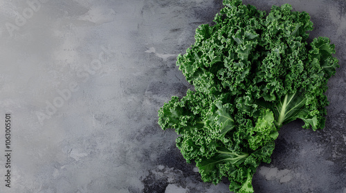 Curly Kale. Fresh raw Curly Kale leaves on gray stone background, top view. Ready for delicious healthy salad, vegan food, superfood.