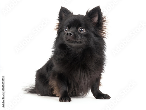 small black dog with long fur and pointed ears sits gracefully, showcasing its playful and curious nature. This charming pet is perfect for companionship