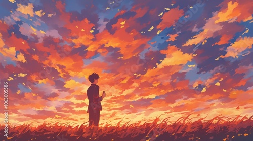 A young anime man standing in a vast field watching a breathtaking sunset with vibrant colors illuminating the sky reflecting his awe and serenity in the moment