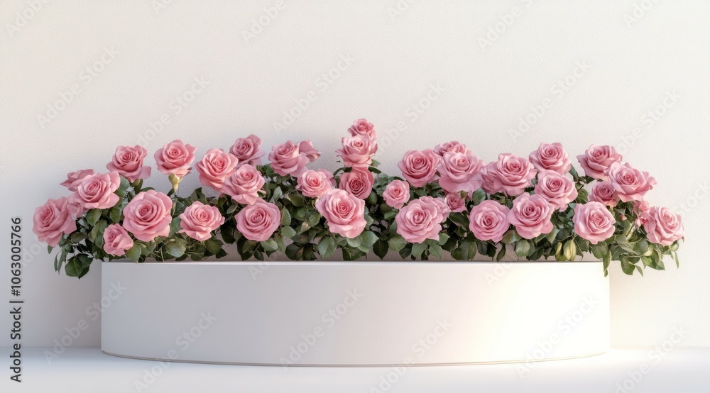 Blank podium with pink roses on pink cloud background. Showcase for any product, such perfume, jewelry and cosmetic presentation Blank podium with pink roses on pink cloud background. Showcase for any product, such perfume, jewelry and cosmetic presentation