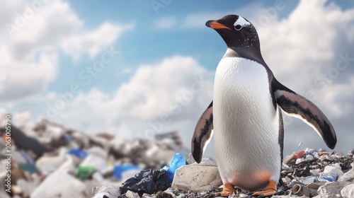 An evocative image of a penguin amidst garbage on the coast, symbolizing the dire consequences of environmental pollution, urging viewers to recognize the urgent need for sustainable practices photo