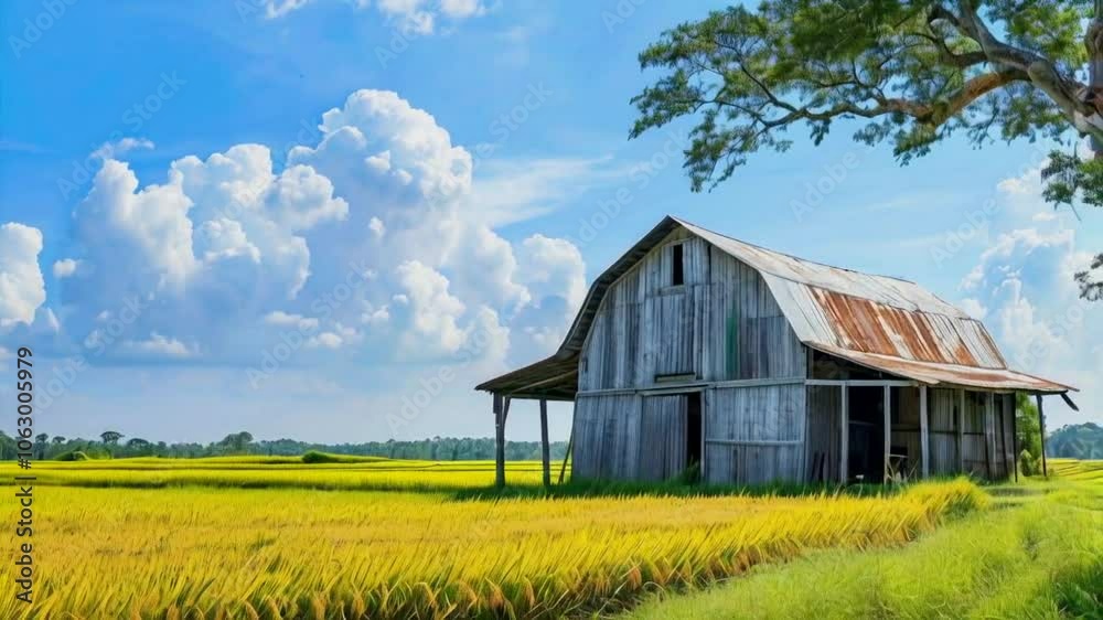 A rustic barn surrounded by golden rice fields under a bright blue sky with fluffy clouds. A rustic barn surrounded by golden rice fields under a bright blue sky with fluffy clouds.