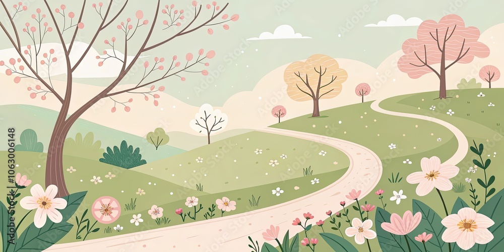 Naklejka premium minimalist cute cartoon spring road background