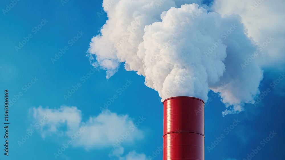 A red smokestack releases white smoke into a clear blue sky, illustrating industrial emissions and environmental impact. A red smokestack releases white smoke into a clear blue sky, illustrating industrial emissions and environmental impact.