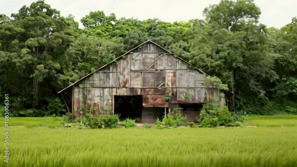 A rustic barn surrounded by lush greenery and rice fields, showcasing rural tranquility. A rustic barn surrounded by lush greenery and rice fields, showcasing rural tranquility.