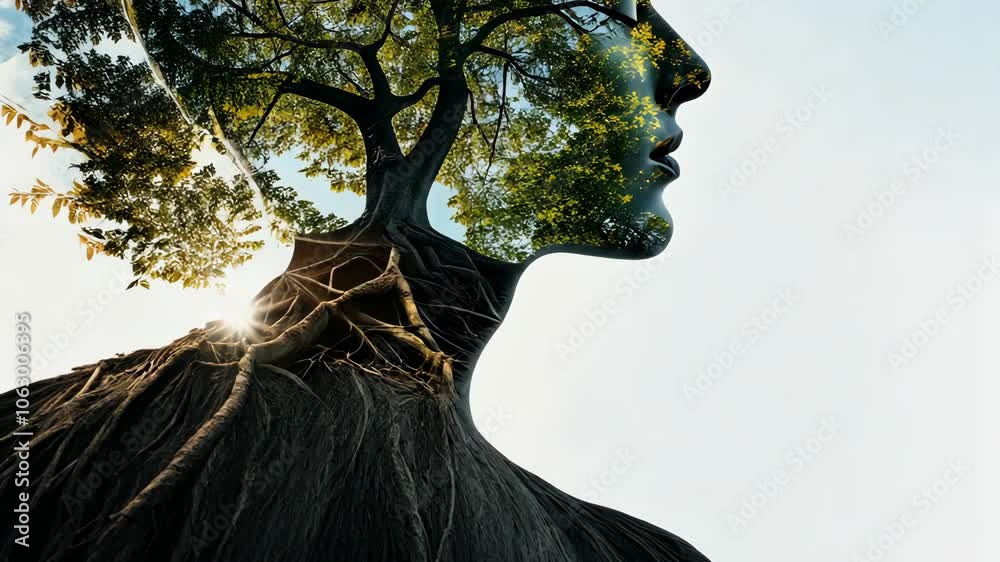 A tree with lush foliage grows from the silhouette of a person's head ...