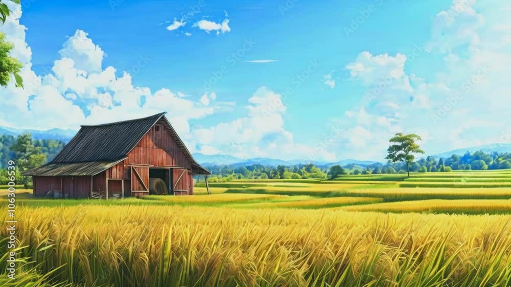 A serene landscape featuring a red barn amidst golden fields under a bright blue sky. A serene landscape featuring a red barn amidst golden fields under a bright blue sky.