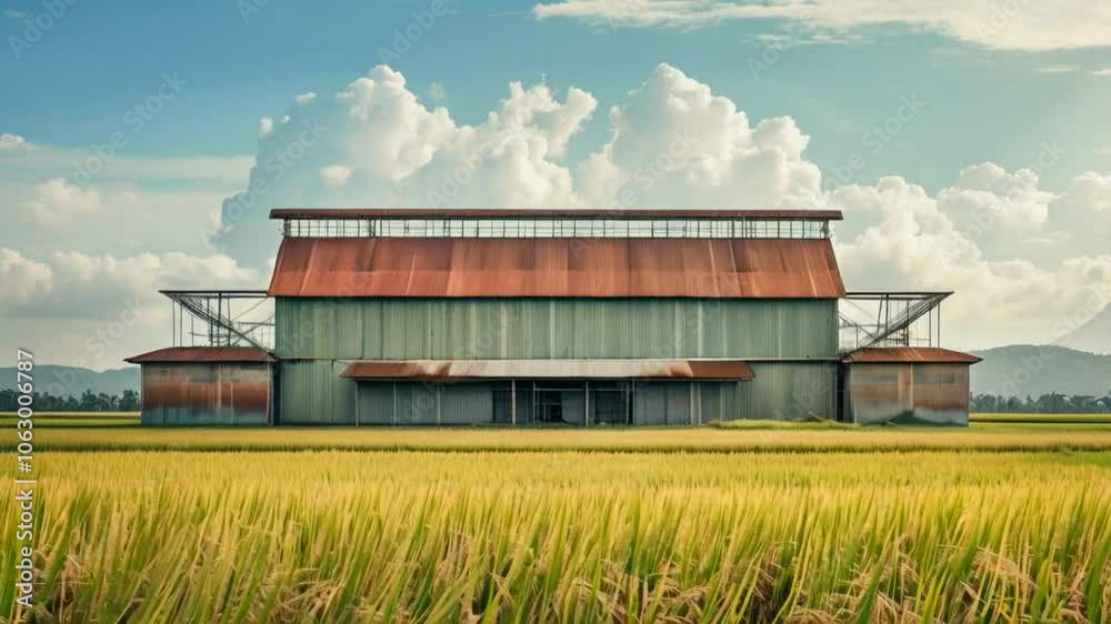 A rustic barn with a metal roof surrounded by golden rice fields under a blue sky. A rustic barn with a metal roof surrounded by golden rice fields under a blue sky.