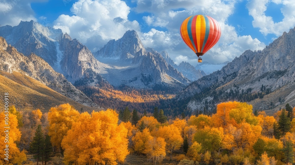 Fototapeta premium Colorful Hot Air Balloon Over Scenic Mountain Landscape