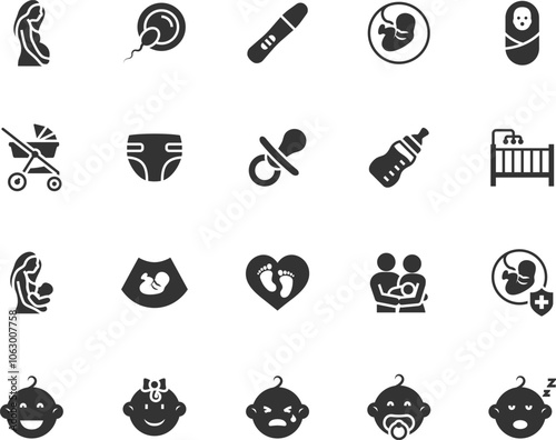 Vector set of maternity flat icons. Contains icons pregnancy, baby, lactation, diaper, pacifier, stroller, childbirth, pregnancy test, cot and more. Pixel perfect.