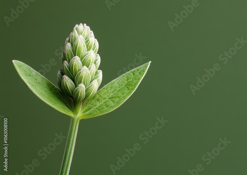 A close-up of a green plant bud with pointed leaves against a smooth green background, showcasing its natural growth and texture. photo